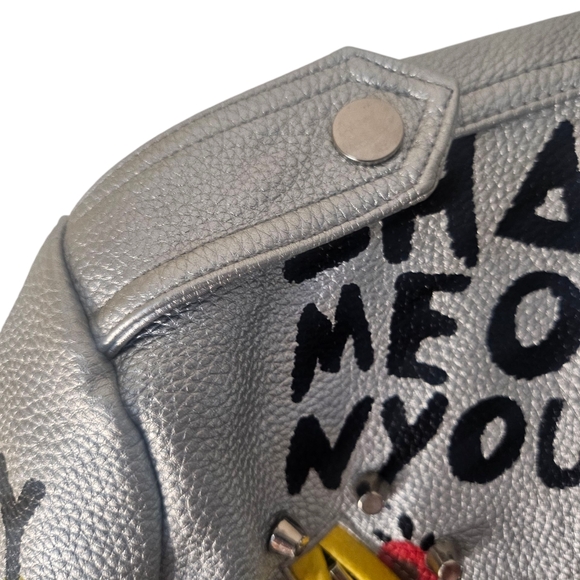 Azalea Wang Phoenix Moto Jacket Studded Graffiti Painted Cropped  Silver, Small - Picture 5 of 15